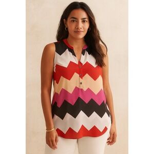 Milano Sleeveless Blouse Red Pink Black Chevron Zigzag Womens Size Small